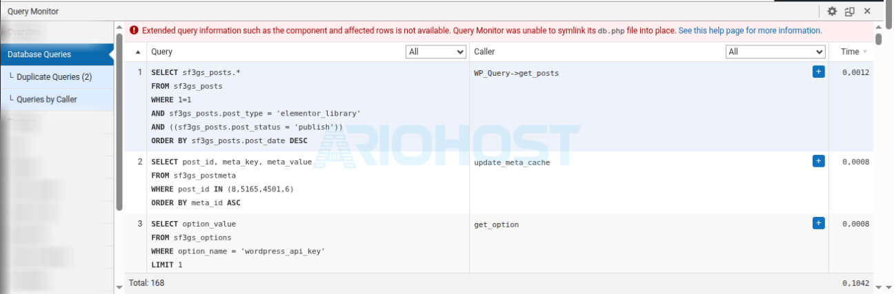 بخش Database Queries در پلاگین Query Monitor