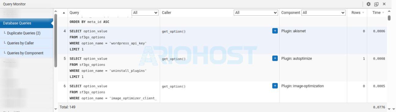 بخش Component در Database Queries در پلاگین Query Monitor